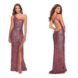 LA FEMME 28596 dress pink 6 sequin one shoulder open back strap formal gown maxi